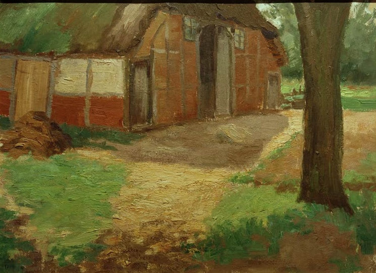 Hermine Overbeck-Rohte Kleine Hofstelle Kunstkopie, Fachwerkhaus mit Reetdach und großer Baumstamm auf sonnigem Hofplatz