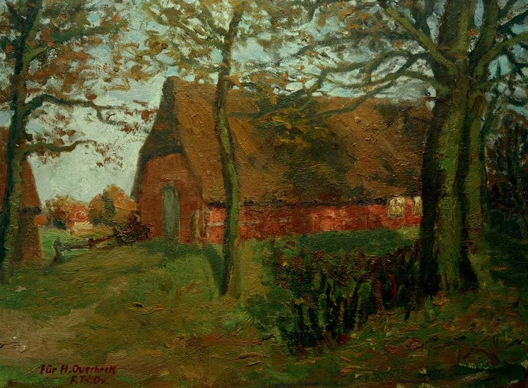 Hermine Overbeck-Rohte Kleines Gehöft I Kunstkopie, rotes Backsteinhaus mit Reetdach zwischen herbstlichen Bäumen
