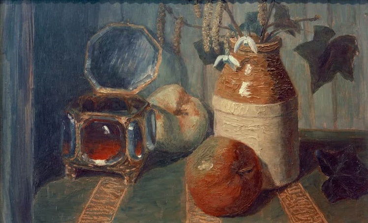 Hermine Overbeck-Rohte Kristalldose und Tonkrug mit Schneeglöckchen Kunstkopie, Stillleben mit Äpfeln und Efeu