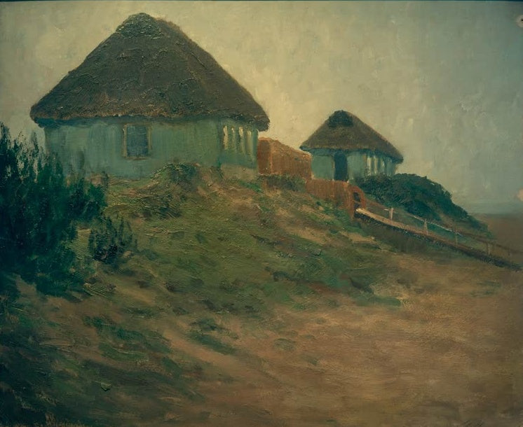 Hermine Overbeck-Rohte Liegehallen auf Föhr Kunstkopie, zwei reetgedeckte Hütten auf einer Düne im Dämmerlicht