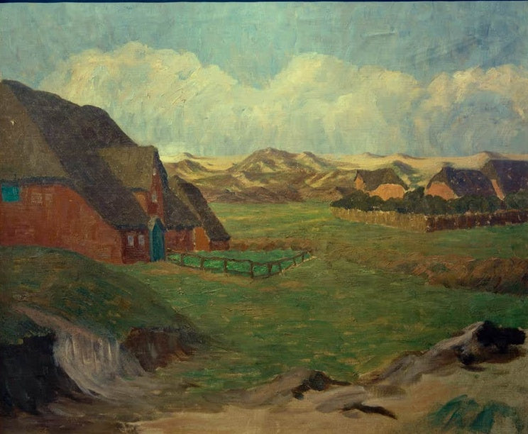 Hermine Overbeck-Rohte List auf Sylt Kunstkopie, rote Reetdachhäuser vor grüner Wiese und Dünenkette unter Wolkenhimmel