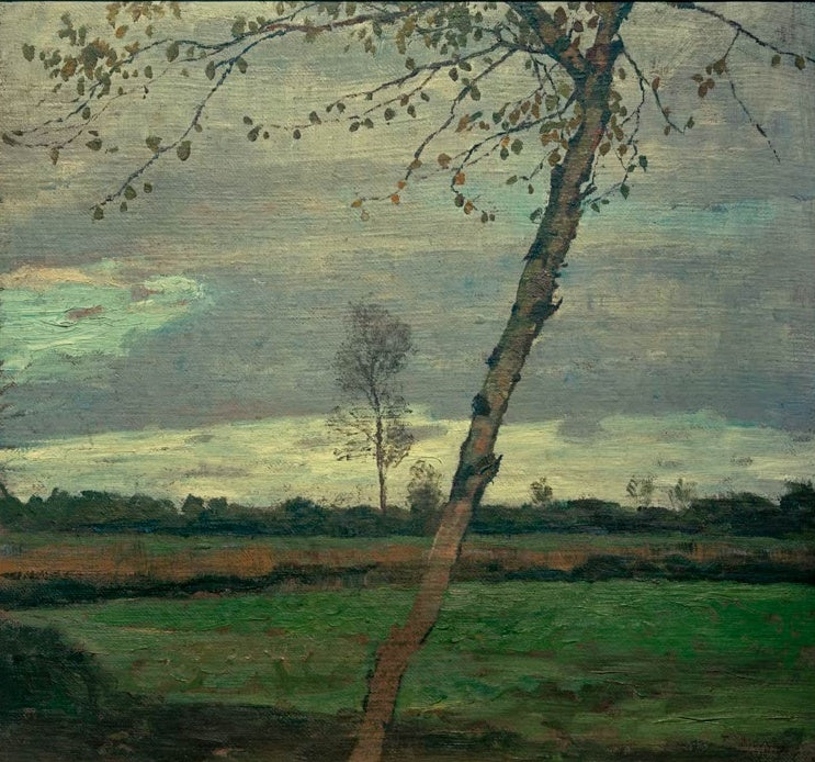 Hermine Overbeck-Rohte Schräger Birkenstamm Kunstkopie, schräg wachsende Birke vor grauem Wolkenhimmel über grüner Wiese