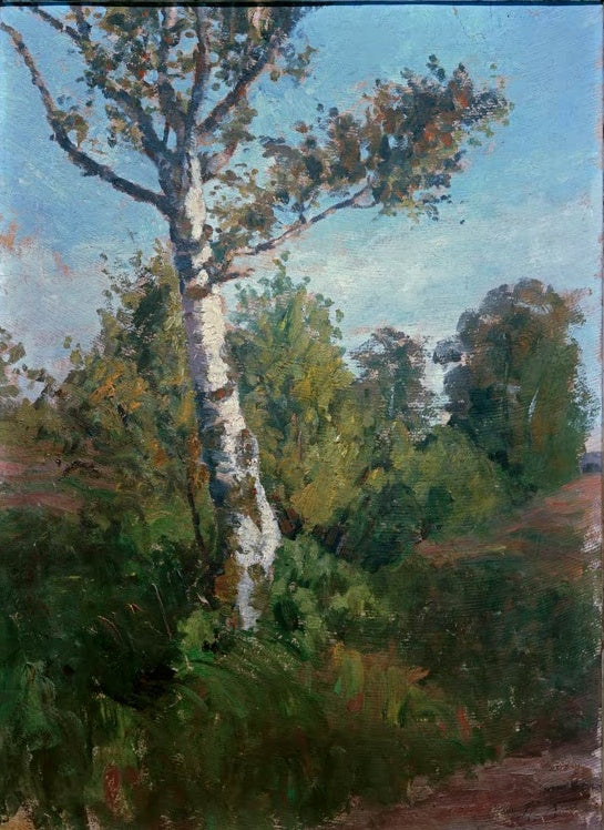 Hermine Overbeck-Rohte Sonnenbeschienene Birke Kunstkopie, Birke mit hellem Stamm und herbstlichem Laub vor blauem Himmel