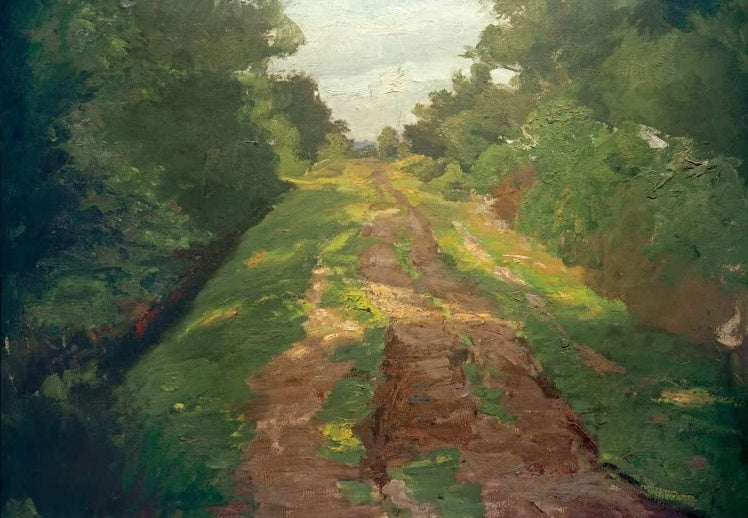 Hermine Overbeck-Rohte Sonnenbeschienener Weg Kunstkopie, Feldweg mit Sonnenflecken zwischen dichtem Laub