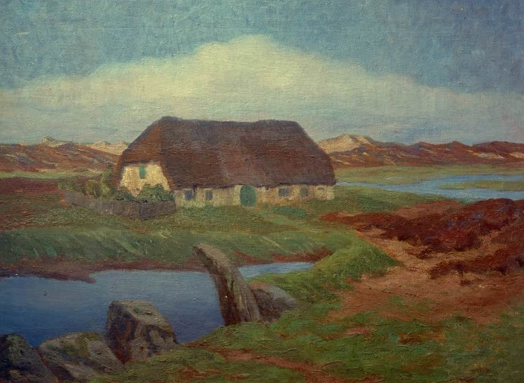 Hermine Overbeck-Rohte Sylter Bauernhaus mit blauem Teich Kunstkopie, Reetdachhaus zwischen Heide, Findlingen und Dünen