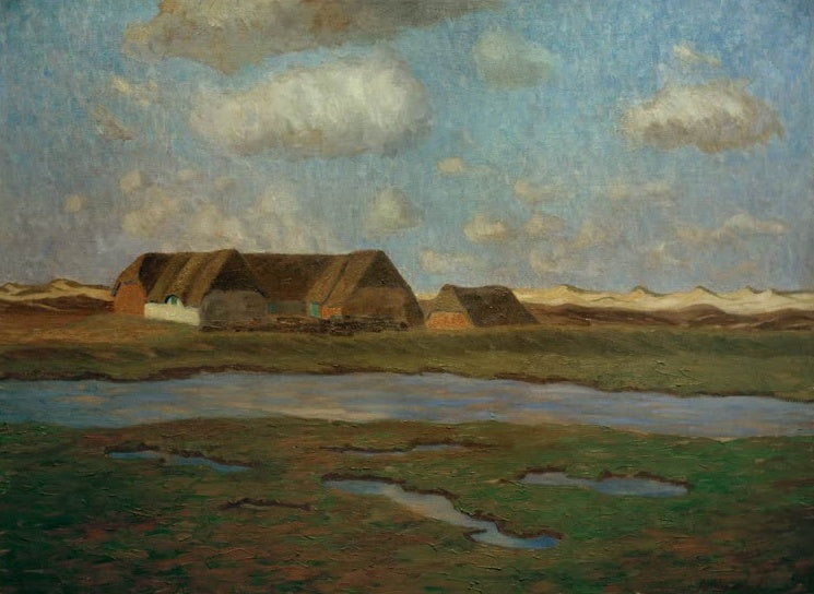 Hermine Overbeck-Rohte Sylter Landschaft Kunstkopie, Gehöft mit Reetdächern, Priel und Dünenkette unter Wolken