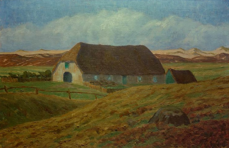 Hermine Overbeck-Rohte Tante Ida Sylt Kunstkopie, reetgedecktes Haus mit weißer Wand und Holzzaun in sonniger Dünenlandschaft