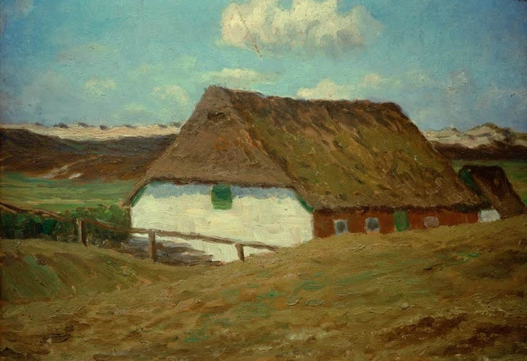 Hermine Overbeck-Rohte Tante Ida Vegesack Kunstkopie, langgestrecktes Reetdachhaus vor rotbraunen Dünen unter Wolkenhimmel
