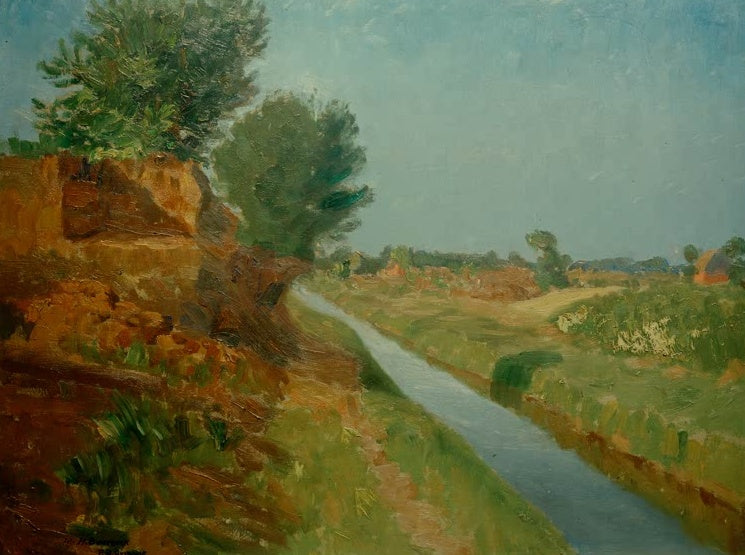 Hermine Overbeck-Rohte Torfstich am Moorgraben I Kunstkopie, schmaler Graben zwischen ockerfarbener Torfkante und Grünland