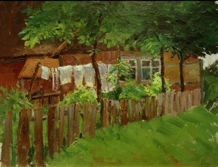 Hermine Overbeck-Rohte Trocknende Wäsche Kunstkopie, weiße Tücher auf der Leine vor rotem Bauernhaus hinter Bretterzaun