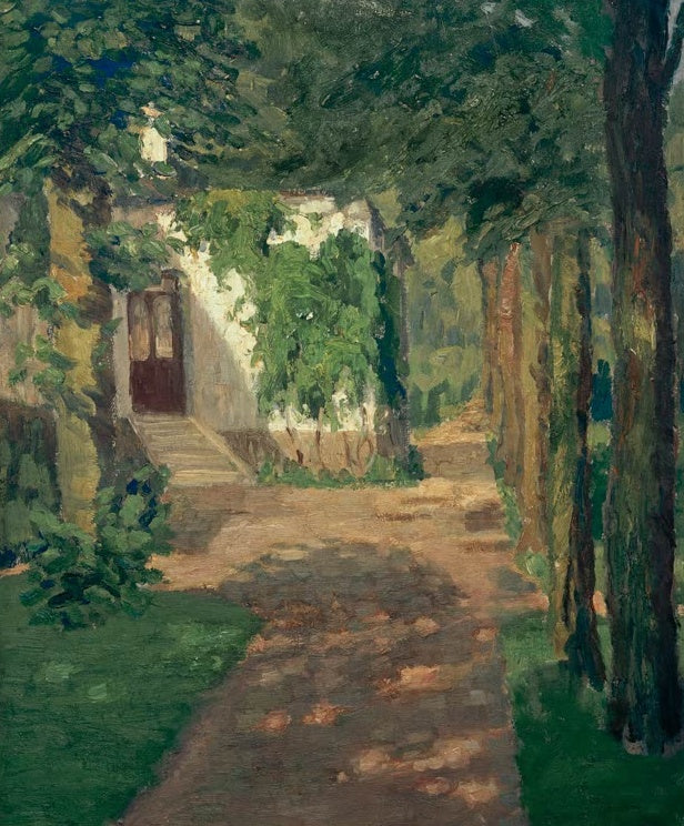 Hermine Overbeck-Rohte Unser Haus in Bröcken Kunstkopie, Hauseingang mit Wein und sonnenfleckigem Weg unter Bäumen
