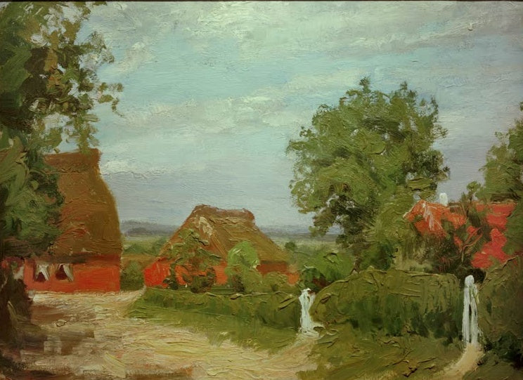 Hermine Overbeck-Rohte Vor unserer Haustür Kunstkopie, sonniger Dorfweg mit roten Reetdachhäusern, Hecke und Laubbäumen