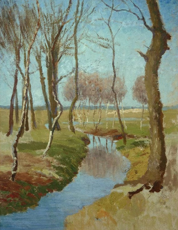 Hermine Overbeck-Rohte Vorfrühling am Bach Kunstkopie, kahle Bäume an einem gewundenen Bach unter blauem Himmel