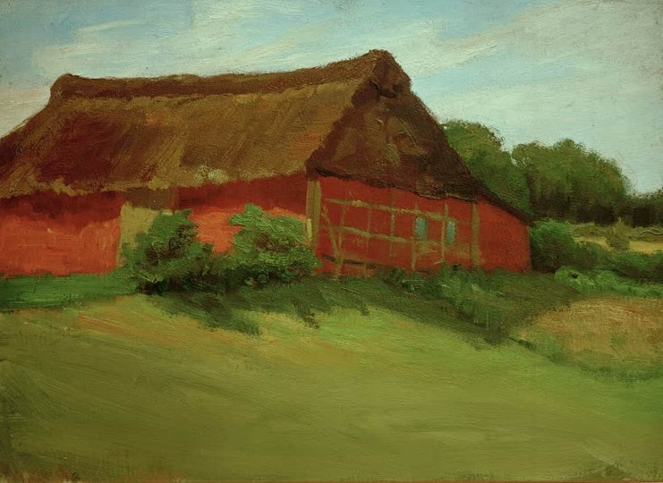 Hermine Overbeck-Rohte Vorm Bauernhaus Kunstkopie, rotes Fachwerkhaus mit Reetdach hinter sonniger Wiese
