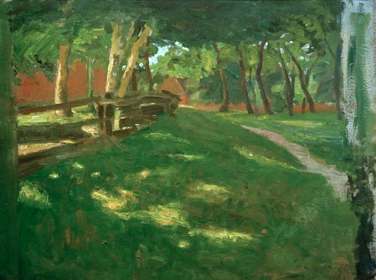Hermine Overbeck-Rohte Weg in Worpswede Kunstkopie, schattige Wiese mit Holzzaun, Bäumen und rotem Hof