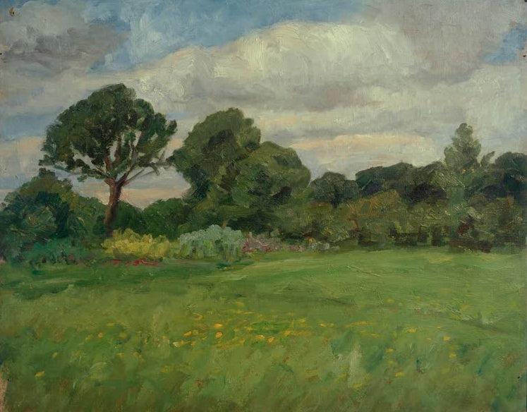 Hermine Overbeck-Rohte Wiese und Gartenland Kunstkopie, grüne Wiese mit Bäumen und Gartenbeeten unter Wolkenhimmel
