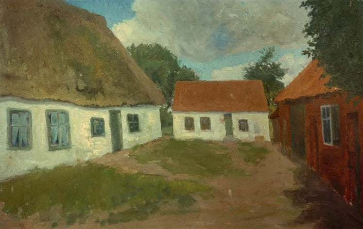 Hermine Overbeck-Rohte Worpsweder Häuser Kunstkopie, weiß getünchtes Reetdachhaus und rotes Backsteinhaus um sonnigen Hof