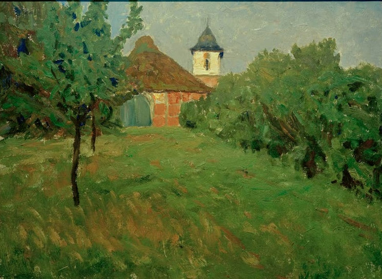 Hermine Overbeck-Rohte Worpsweder Kirche Kunstkopie, Kirchturm hinter Scheune mit Reetdach, Obstbaum und grüne Wiese