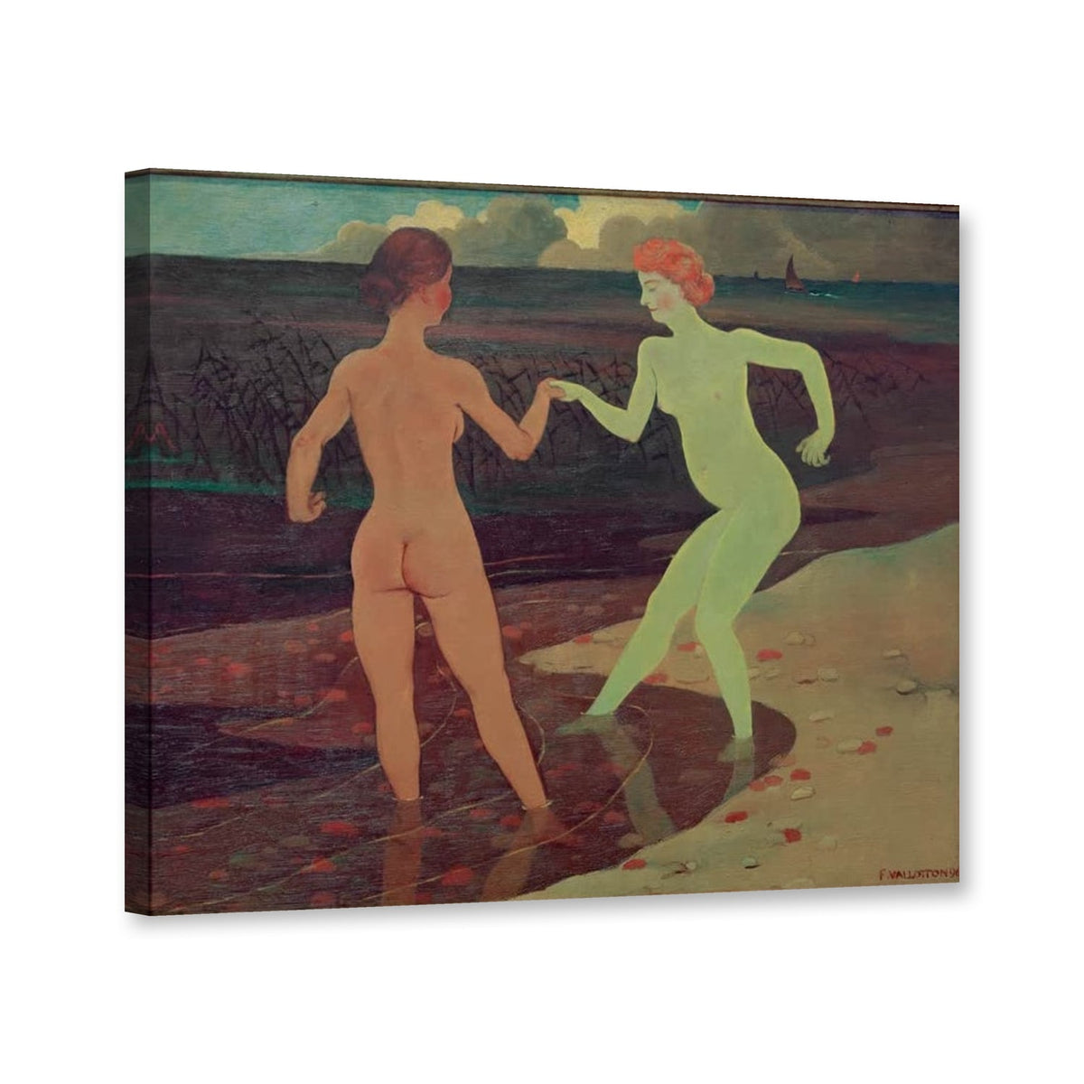 Herrin und Dienerin, Akte im seichten Wasser von Félix Vallotton als Leinwand – Perspektivansicht