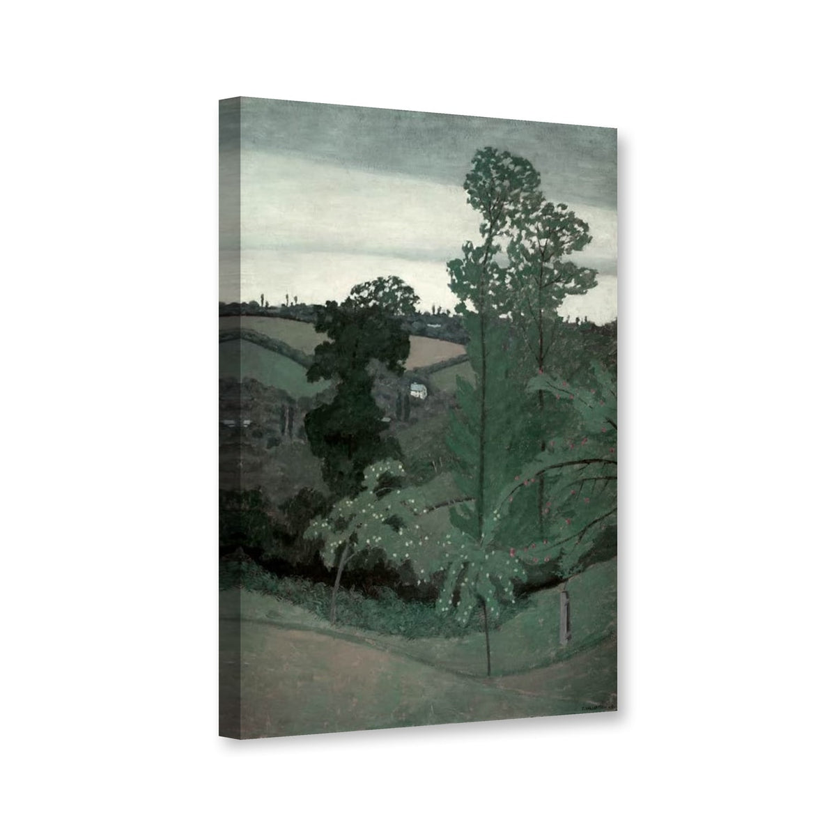 Hügellandschaft mit hohen Laubbäumen und weißem Haus von Félix Vallotton als Leinwand – Perspektivansicht