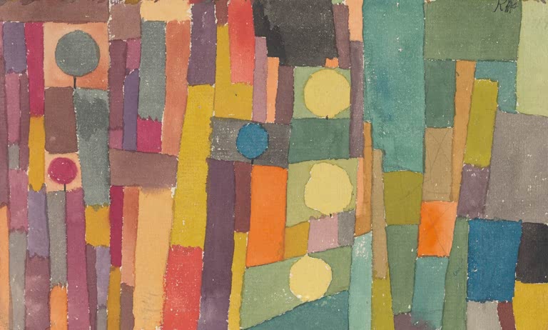 Kunstdruck „(im Stil v Kairouan, ins gemässigte übertragen)“ von Paul Klee mit abstrakter, geometrischer Farbkomposition

