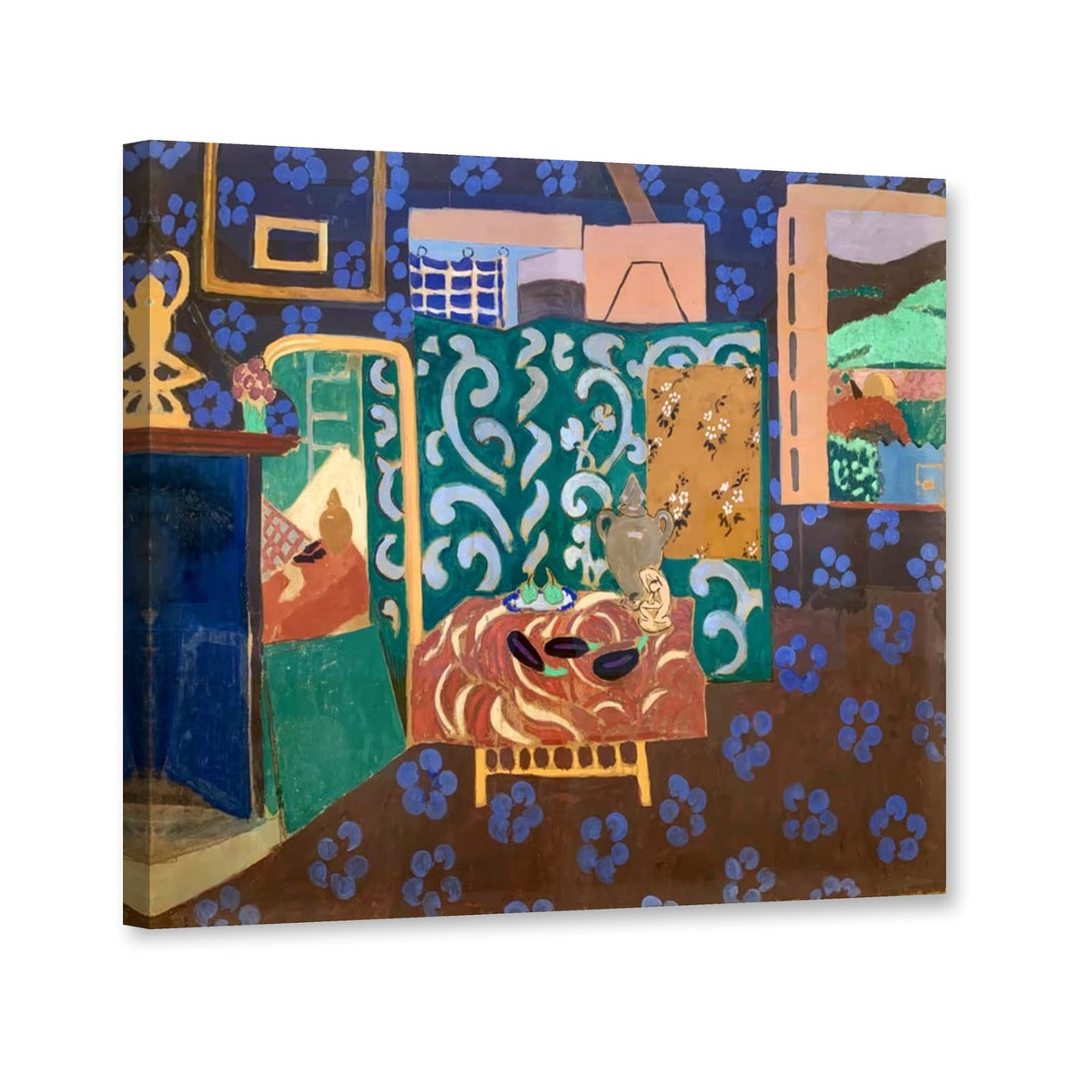Interieur mit Auberginen von Henri Matisse als Leinwand – Perspektivansicht