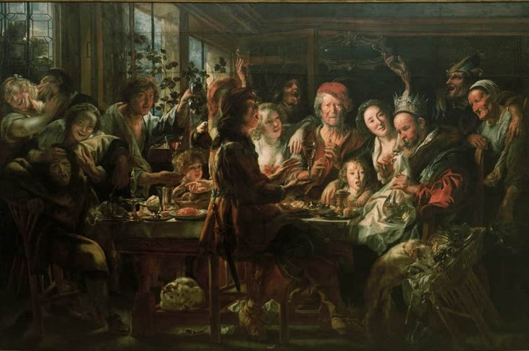 Festlich zechende Tischgesellschaft mit Bohnenkönig in Krone – Jacob Jordaens Das Bohnenfest Kunstkopie