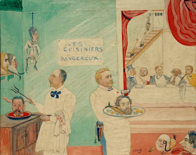 Zwei Köche in Weiß tragen abgeschlagene Köpfe, Gäste an der Tafel – James Ensor Die gefährlichen Köche Kunstkopie