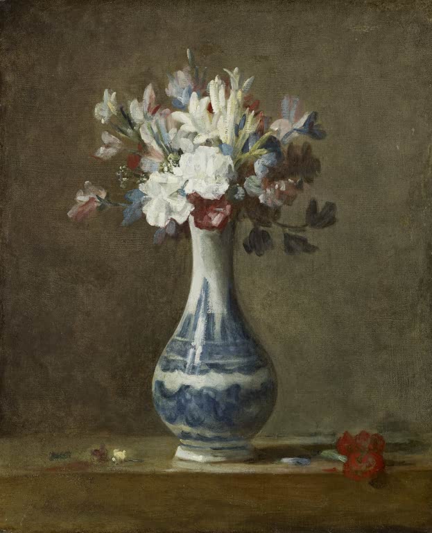 Weiß-blaue Porzellanvase mit Nelken und Wicken auf einer Tischkante – Jean-Baptiste-Simeon Chardin Blumenvase Kunstkopie