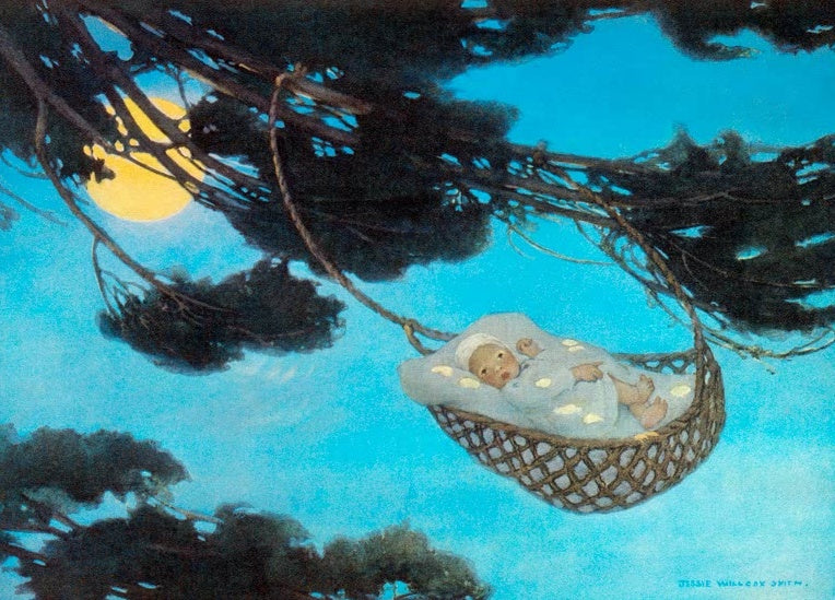 Jessie Willcox Smith Baby in der Baumwiege Kunstkopie, Säugling im Korb zwischen Kiefernzweigen vor blauem Himmel mit Mond