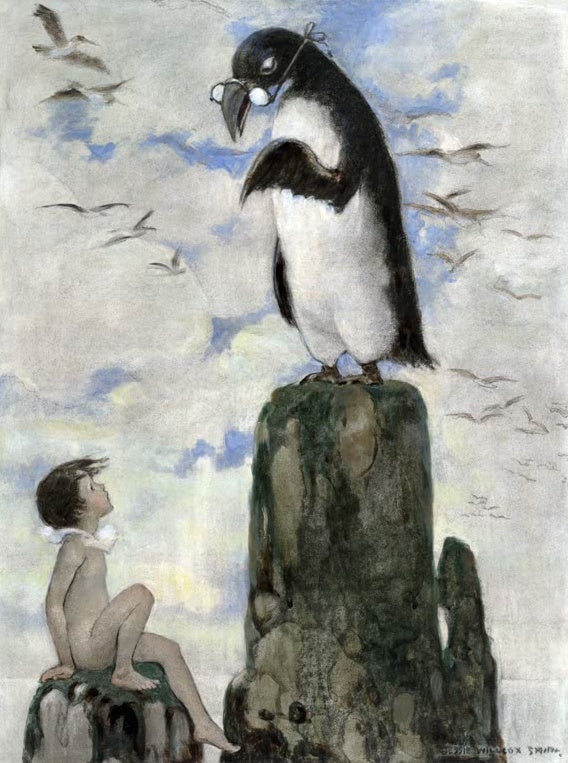 Jessie Willcox Smith Der letzte Riesenalk Kunstkopie, großer Vogel mit Brille auf Felsen blickt zu einem kleinen Wasserkind