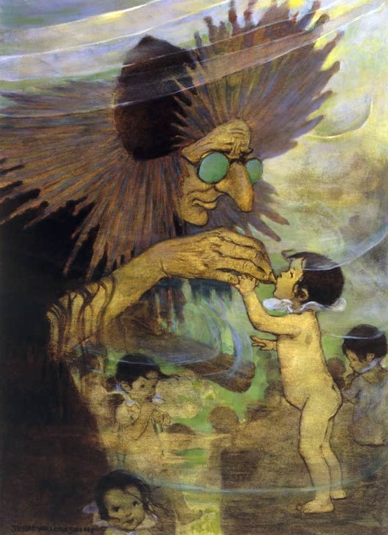 Jessie Willcox Smith Mrs. Bedonebyasyoudid Kunstkopie, strenge Fee mit grüner Brille reicht einem Wasserkind eine Süßigkeit
