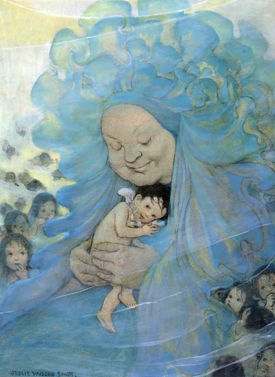 Jessie Willcox Smith Mrs. Doasyouwouldbedoneby Kunstkopie, lächelnde blaue Feengestalt mit einem kleinen Wasserkind