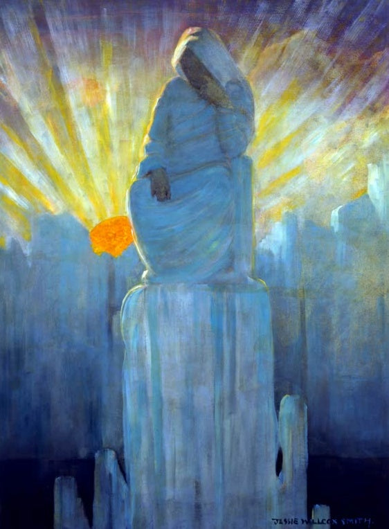 Jessie Willcox Smith Mutter Carey Kunstkopie, verhüllte Gestalt auf einem Eisblock vor Morgensonne in Blau und Gelb