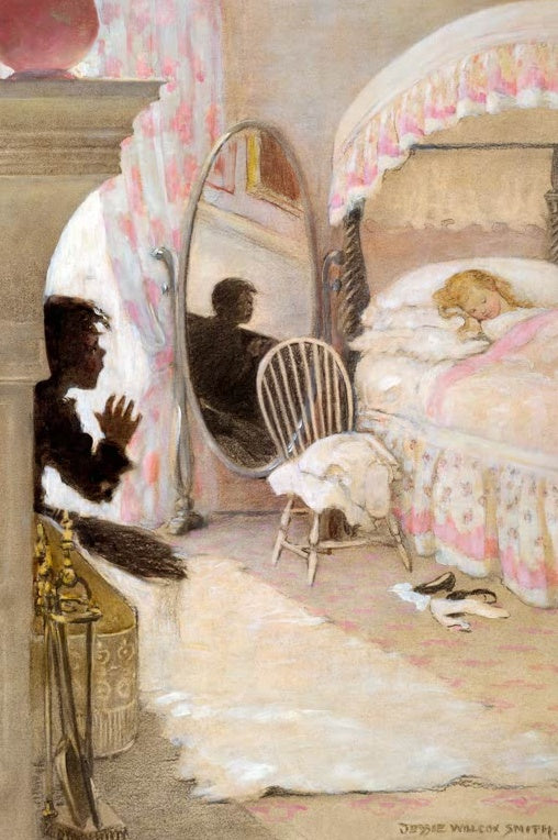 Jessie Willcox Smith Nein, sie kann nicht schmutzig sein Kunstkopie, dunkle Gestalt am Kamin, Mädchen schläft im Himmelbett