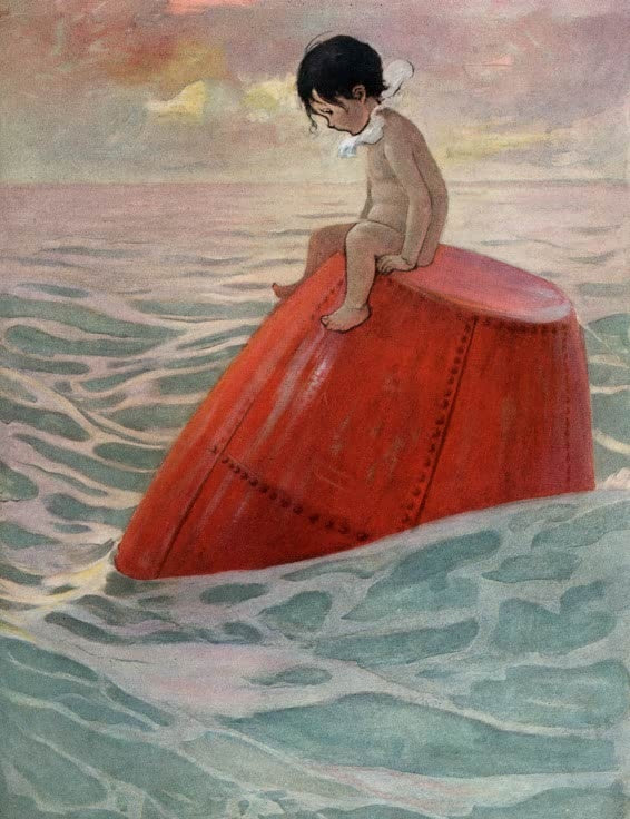 Jessie Willcox Smith Tom auf der roten Boje Kunstkopie, kleines Wasserkind sitzt auf leuchtend roter Boje im Meer