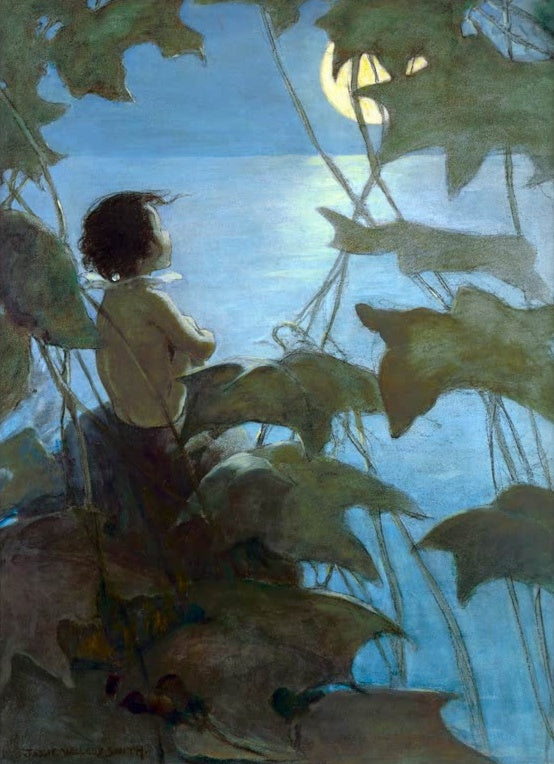 Jessie Willcox Smith Tom im Mondlicht Kunstkopie, Wasserkind sitzt zwischen Blättern und blickt zum gelben Mond über dem See