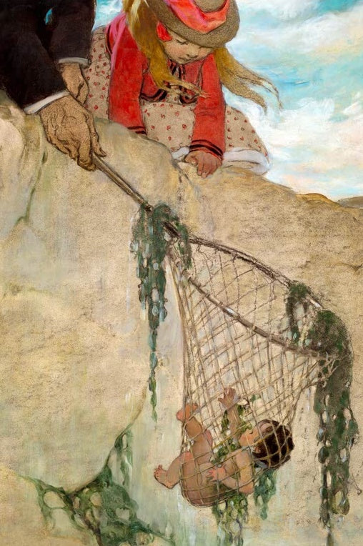 Jessie Willcox Smith Tom im Netz Kunstkopie, kleines Wasserkind hängt im Kescher an einer Felswand, ein Mädchen schaut zu