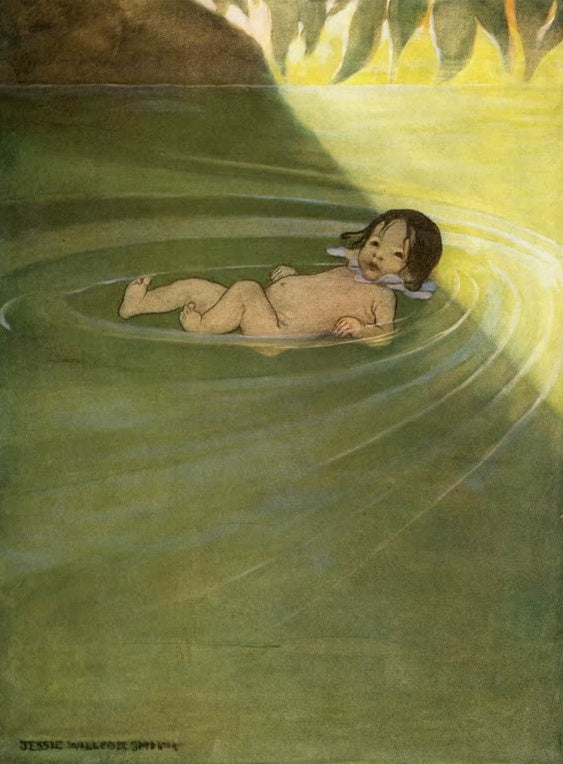Jessie Willcox Smith Tom treibt im Wasser Kunstkopie, Kleinkind auf grüner Wasserfläche mit Wellenringen und Sonnenlicht