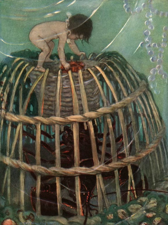 Jessie Willcox Smith Tom und der Hummer Kunstkopie, Wasserkind klettert auf einer Reuse, in der ein Hummer gefangen ist