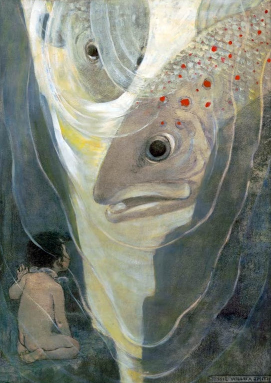Jessie Willcox Smith Tom und die Forelle Kunstkopie, kniender nackter Junge vor einem riesigen Fisch mit roten Punkten