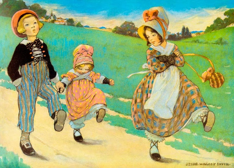 Jessie Willcox Smith Drei Kinder auf dem Feldweg Kunstkopie, Geschwister in bunten Kleidern spazieren durch grüne Hügel