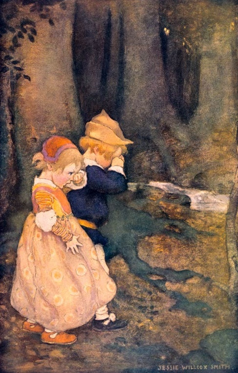 Jessie Willcox Smith Hänsel und Gretel Kunstkopie, zwei weinende Kinder im dunklen Wald an einem Bach