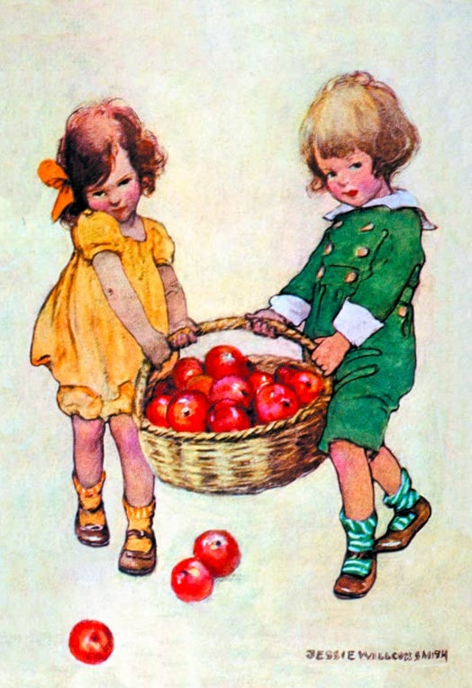 Jessie Willcox Smith Helfende Hände Kunstkopie, Mädchen und Junge tragen gemeinsam einen Korb mit roten Äpfeln