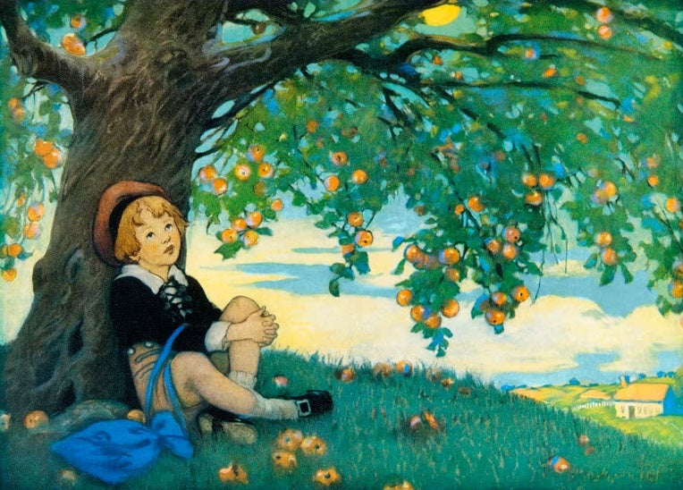 Jessie Willcox Smith Junge unter einem Apfelbaum Kunstkopie, träumender Knabe lehnt am Stamm, Äpfel hängen im Laub