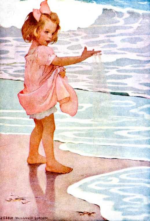 Jessie Willcox Smith Kleine Wassertropfen Kunstkopie, barfüßiges Mädchen mit rosa Kleid lässt Sand am Meeressaum rinnen