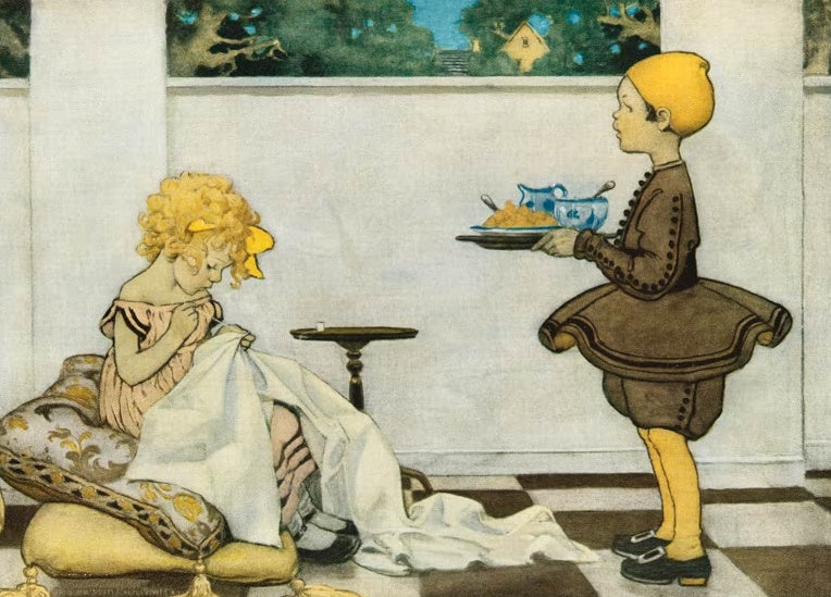 Jessie Willcox Smith Lockenköpfchen Kunstkopie, Mädchen mit Locken näht, ein Junge bringt ein Tablett