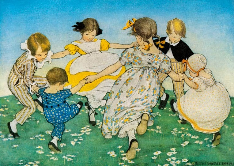 Jessie Willcox Smith Ringelreihen Kunstkopie, sechs Kinder tanzen Hand in Hand im Kreis auf einer Blumenwiese