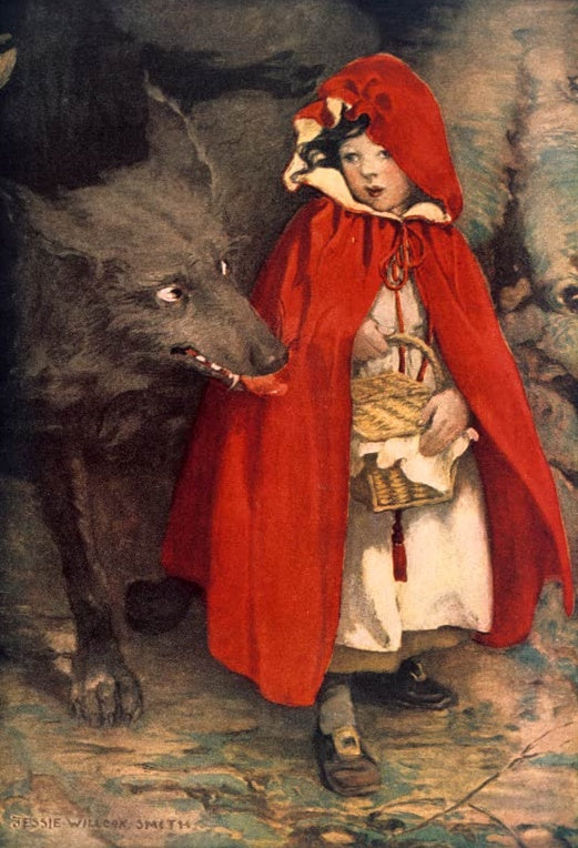 Jessie Willcox Smith Rotkäppchen Kunstkopie, Mädchen im roten Umhang mit Korb neben einem grauen Wolf im Wald