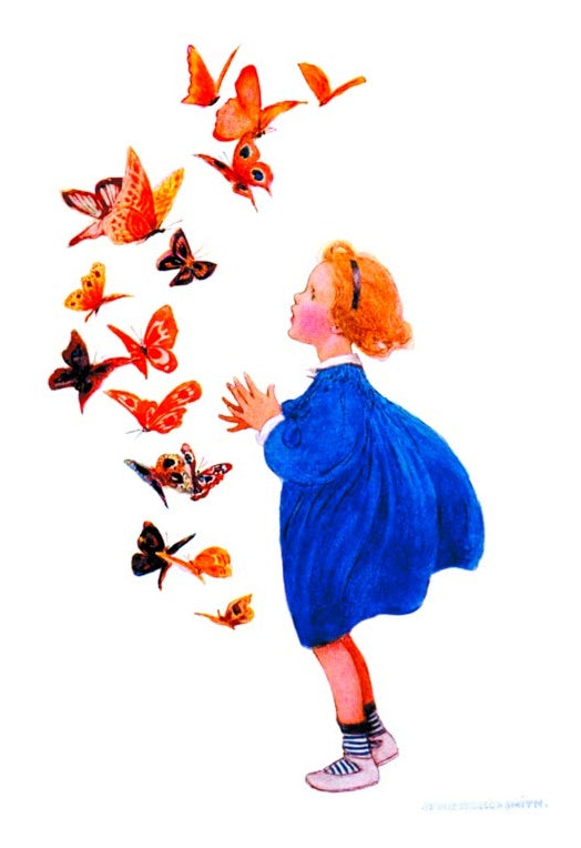 Jessie Willcox Smith Schmetterlinge Kunstkopie, Mädchen in blauem Mantel bestaunt aufsteigende orangefarbene Falter
